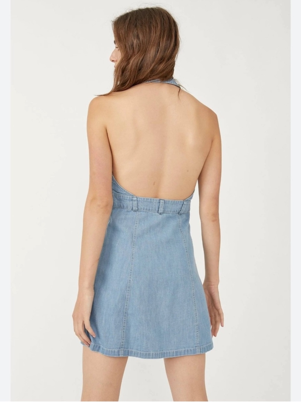 Light Wash Denim Button-Front Halter Dress - Picture 2 of 3